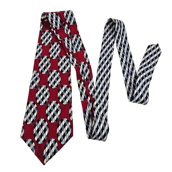 Bachrach All Silk Red Blue White Geometric Pattern Mens Necktie - Picture 7 of 8